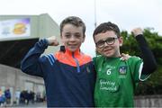 30 June 2019; Limerick supporters Josh McAuley, age 9, left, from kildimo Pallaskenry, and Shane O'Grady, age 8, from Mungret at the Munster GAA Hurling Senior Championship Final match between Limerick and Tipperary at LIT Gaelic Grounds in Limerick. Photo by Piaras Ó Mídheach/Sportsfile
