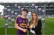 30 June 2019; AJ Redmond of Wexford receives the Man of the Match Award from Maeve Galvin, Sponsorship Programme Manager, Electric Ireland, following the Electric Ireland Leinster GAA Hurling Minor Championship Final match between Kilkenny and Wexford at Croke Park in Dublin. Photo by Ramsey Cardy/Sportsfile