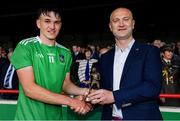 30 June 2019; John Kingston, ESB Manager, presents Cathal O’Neill of Limerick with the Player of the Match award for his major performance in the Electric Ireland GAA Munster Minor Hurling Championship Final. Throughout the Championships, fans can follow the conversation, vote for their player of the week, support the Minors and be a part of something major through the hashtag #GAAThisIsMajor. Electric Ireland Munster GAA Hurling Minor Championship Final match between Limerick and Clare at LIT Gaelic Grounds in Limerick. Photo by Brendan Moran/Sportsfile