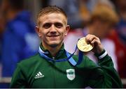 30 June 2019; Kurt Walker of Ireland with his gold medal following victory in his Men’s Bantamweight final bout against Mykola Butsenko of Ukraine at Uruchie Sports Palace on Day 10 of the Minsk 2019 2nd European Games in Minsk, Belarus. Photo by Seb Daly/Sportsfile