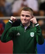 30 June 2019; Bronze medallist Regan Buckley of Ireland during the Men's Light Flyweight medal ceremony at Uruchie Sports Palace on Day 10 of the Minsk 2019 2nd European Games in Minsk, Belarus. Photo by Seb Daly/Sportsfile