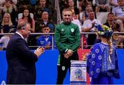 30 June 2019; Kurt Walker of Ireland is congratulated by Pierce O'Callaghan, Director of Sport, Minsk 2019, during the Men’s Bantamweight medal ceremony at Uruchie Sports Palace on Day 10 of the Minsk 2019 2nd European Games in Minsk, Belarus. Photo by Seb Daly/Sportsfile