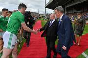 30 June 2019; President Michael D Higgins is introduced to Limerick captain Declan Hannon by Liam Lenihan, Chairman of the Munster Council, prior to the Munster GAA Hurling Senior Championship Final match between Limerick and Tipperary at LIT Gaelic Grounds in Limerick. Photo by Brendan Moran/Sportsfile