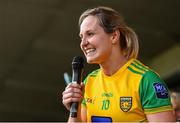 30 June 2019; Donegal captain Karen Guthrie makes a speech following the Ladies Football Ulster Senior Championship Final match between Armagh and Donegal at St Tiernach's Park in Clones, Monaghan. Photo by Ben McShane/Sportsfile