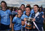 30 June 2019; Dublin players, from left, Rachel Ruddy, Nicole Owens, Niamh McEvoy and Sinead Aherne celebrate with the cup following the Ladies Football Leinster Senior Championship Final match between Dublin and Westmeath at Netwatch Cullen Park in Carlow. Photo by Sam Barnes/Sportsfile