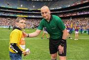 30 June 2019; Pictured is Brandon Burke with referee John Keenan, from Enable Ireland Children’s Services presenting the match sliotar at Croke Park for the Leinster Championship Hurling Final 201. Enable Ireland are the official charity partner of the GAA. Photo by Ray McManus/Sportsfile