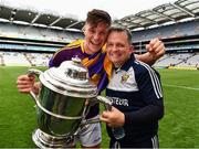 30 June 2019; Conor McDonald of Wexford and Wexford manager Davy Fitzgerald with the Bob O'Keeffe Cup after the Leinster GAA Hurling Senior Championship Final match between Kilkenny and Wexford at Croke Park in Dublin. Photo by Ray McManus/Sportsfile