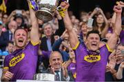 30 June 2019; Joint Wexford captains Matthew O'Hanlon and Lee Chin lift the Bob O'Keefe Cup after the Leinster GAA Hurling Senior Championship Final match between Kilkenny and Wexford at Croke Park in Dublin. Photo by Ray McManus/Sportsfile