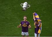 30 June 2019; Séamus Casey, left, and Rory O'Connor of Wexford celebrate with the Bob O'Keeffe cup after the Leinster GAA Hurling Senior Championship Final match between Kilkenny and Wexford at Croke Park in Dublin. Photo by Daire Brennan/Sportsfile