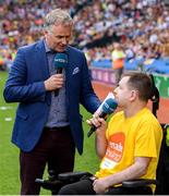 30 June 2019; Padhraic Dormer, right, from Enable Ireland adult services chatting to MC Dáithí Ó Sé during half time of the Leinster Championship Hurling Final 2019. Enable Ireland, official charity partner of the GAA, at Croke Park for the Leinster Championship Hurling Final 2019. Photo by Ramsey Cardy/Sportsfile