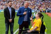 30 June 2019; Padhraic Dormer, right, from Enable Ireland adult services chatting to MC Dáithí Ó Sé and Donal Kitt, Partnerships and Philanthropy Executive, Enable Ireland are pictured during half time of the Leinster Championship Hurling Final 2019. Enable Ireland, official charity partner of the GAA, at Croke Park for the Leinster Championship Hurling Final 2019. Photo by Ramsey Cardy/Sportsfile