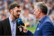 30 June 2019; Donal Kitt, Partnerships and Philanthropy Executive, Enable Ireland chatting to MC Dáithí Ó Sé during half time of the Leinster Championship Hurling Final 2019. Enable Ireland, official charity partner of the GAA, at Croke Park for the Leinster Championship Hurling Final 2019. Photo by Ramsey Cardy/Sportsfile