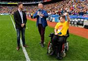 30 June 2019; Padhraic Dormer from Enable Ireland adult services, and Donal Kitt, Partnerships and Philanthropy Executive, Enable Ireland, chatting to MC Dáithí Ó Sé during half time of the Leinster Championship Hurling Final 2019. Enable Ireland, official charity partner of the GAA, at Croke Park for the Leinster Championship Hurling Final 2019. Photo by Ramsey Cardy/Sportsfile