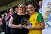 30 June 2019; Amy Boyle Carr of Donegal receives the Player of the Match award from Eileen Jones, Ulster LGFA President, following the Ladies Football Ulster Senior Championship Final match between Armagh and Donegal at St Tiernach's Park in Clones, Monaghan. Photo by Ben McShane/Sportsfile