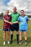 30 June 2019; Fiona Claffey of Westmeath and Sinead Aherne of Dublin shake hands infront of Referee Niall McCormack ahead of the Ladies Football Leinster Senior Championship Final match between Dublin and Westmeath at Netwatch Cullen Park in Carlow. Photo by Sam Barnes/Sportsfile