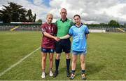 30 June 2019; Fiona Claffey of Westmeath and Sinead Aherne of Dublin shake hands infront of Referee Niall McCormack ahead of the Ladies Football Leinster Senior Championship Final match between Dublin and Westmeath at Netwatch Cullen Park in Carlow. Photo by Sam Barnes/Sportsfile