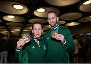 1 July 2019; Team Ireland badminton players Chloe and Sam Magee with their bronze medals on their return home from the Minsk 2019 European Games at Dublin Airport in Dublin. Photo by Eóin Noonan/Sportsfile