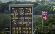 1 July 2019;  A general view of the scoreboard during the Men’s Cricket 1st One Day International match between Ireland and Zimbabwe at Bready Cricket Club, in Magheramason, Tyrone. Photo by Oliver McVeigh/Sportsfile