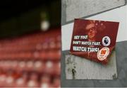 1 July 2019; A league of Ireland promotional sticker is seen stuck to a floodlight pole inside Richmond Park ahead of the SSE Airtricity League Premier Division match between St Patrick's Athletic and Shamrock Rovers at Richmond Park in Dublin. Photo by Eóin Noonan/Sportsfile