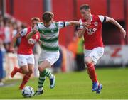 1 July 2019; Ronan Finn of Shamrock Rovers in action against Ian Bermingham of St Patrick's Athletic during the SSE Airtricity League Premier Division match between St Patrick's Athletic and Shamrock Rovers at Richmond Park in Dublin. Photo by Eóin Noonan/Sportsfile