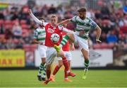 1 July 2019; Greg Bolger of Shamrock Rovers in action against Chris Forrester of St Patrick's Athletic during the SSE Airtricity League Premier Division match between St Patrick's Athletic and Shamrock Rovers at Richmond Park in Dublin. Photo by Eóin Noonan/Sportsfile