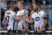 1 July 2019; Daniel Kelly of Dundalk, centre, celebrates after scoring his side's second goal, with team-mates Michael Duffy, left, and Patrick Hoban during the SSE Airtricity League Premier Division match between Dundalk and Waterford at Oriel Park in Dundalk, Louth. Photo by Ben McShane/Sportsfile