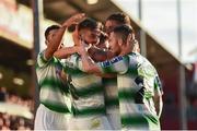 1 July 2019; Greg Bolger of Shamrock Rovers, centre, celebrates with team-mates including Jack Byrne, right, after scoring his side's first goal during the SSE Airtricity League Premier Division match between St Patrick's Athletic and Shamrock Rovers at Richmond Park in Dublin. Photo by Eóin Noonan/Sportsfile