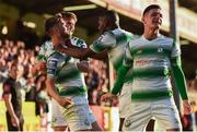 1 July 2019; Greg Bolger of Shamrock Rovers, centre, celebrates with team-mates after scoring his side's first goal during the SSE Airtricity League Premier Division match between St Patrick's Athletic and Shamrock Rovers at Richmond Park in Dublin. Photo by Eóin Noonan/Sportsfile