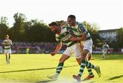 1 July 2019; Greg Bolger of Shamrock Rovers celebrates with team-mate Joey O'Brien after scoring his side's first goal during the SSE Airtricity League Premier Division match between St Patrick's Athletic and Shamrock Rovers at Richmond Park in Dublin. Photo by Eóin Noonan/Sportsfile