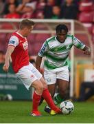 1 July 2019; Thomas Oluwa of Shamrock Rovers in action against Simon Madden of St Patrick's Athletic during the SSE Airtricity League Premier Division match between St Patrick's Athletic and Shamrock Rovers at Richmond Park in Dublin. Photo by Eóin Noonan/Sportsfile
