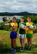 2 July 2019; In attendance during the GAA Football All Ireland Senior Championship Series National Launch are, from left, Enda Smith of Roscommon, Jason Foley of Kerry and Hugh McFadden of Donegal with The Sam Maguire Cup at Concra Wood Golf & Country Club in Castleblayney, Co. Monaghan. Photo by Sam Barnes/Sportsfile