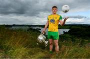 2 July 2019; Hugh McFadden of Donegal with The Sam Maguire Cup during the GAA Football All Ireland Senior Championship Series National Launch at Concra Wood Golf & Country Club in Castleblayney, Co. Monaghan. Photo by Sam Barnes/Sportsfile