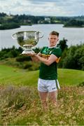 2 July 2019; Jason Foley of Kerry with The Sam Maguire Cup during the GAA Football All Ireland Senior Championship Series National Launch at Concra Wood Golf & Country Club in Castleblayney, Co. Monaghan. Photo by Sam Barnes/Sportsfile