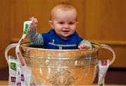 2 July 2019; Nine month old Ryan McKenna, a member of the host club, sits in the Sam Maguire Cup during the GAA Football All Ireland Senior Championship Series National Launch at Scotstown GAA Club, St Mary's Park, Scotstown, Co. Monaghan. Photo by Ray McManus/Sportsfile