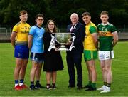 2 July 2019; Claire Liston, AIB, with Uachtarán Chumann Lúthchleas Gael John Horan and, from left, Enda Smith of Roscommon, David Byrne of Dublin, Hugh McFadden of Donegal, and Jason Foley of Kerry, before the GAA Football All Ireland Senior Championship Series National Launch at Scotstown GAA Club, St Mary's Park, Scotstown, Co. Monaghan. Photo by Ray McManus/Sportsfile