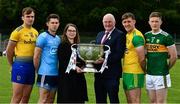2 July 2019; Claire Liston, AIB, with Uachtarán Chumann Lúthchleas Gael John Horan and, from left, Enda Smith of Roscommon, David Byrne of Dublin, Hugh McFadden of Donegal, and Jason Foley of Kerry, before the GAA Football All Ireland Senior Championship Series National Launch at Scotstown GAA Club, St Mary's Park, Scotstown, Co. Monaghan. Photo by Ray McManus/Sportsfile