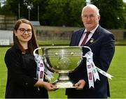 2 July 2019; Claire Liston, AIB, with Uachtarán Chumann Lúthchleas Gael John Horan before the GAA Football All Ireland Senior Championship Series National Launch at Scotstown GAA Club, St Mary's Park, Scotstown, Co. Monaghan. Photo by Ray McManus/Sportsfile