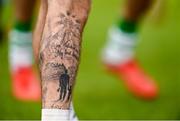 28 June 2019; A detailed view of a tattoo on the leg of Jack Byrne of Shamrock Rovers prior to the SSE Airtricity League Premier Division match between Shamrock Rovers and Dundalk at Tallaght Stadium in Dublin. Photo by Ben McShane/Sportsfile