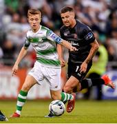 28 June 2019; Brandon Kavanagh of Shamrock Rovers in action against Patrick McEleney of Dundalk during the SSE Airtricity League Premier Division match between Shamrock Rovers and Dundalk at Tallaght Stadium in Dublin. Photo by Ben McShane/Sportsfile