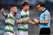 28 June 2019; Jack Byrne, left, and Ronan Finn of Shamrock Rovers remonstrate with referee Robert Harvey over a decision during the SSE Airtricity League Premier Division match between Shamrock Rovers and Dundalk at Tallaght Stadium in Dublin. Photo by Ben McShane/Sportsfile