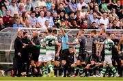 28 June 2019; Referee Robert Harvey issues a yellow card to Trevor Clarke of Shamrock Rovers after a challenge on John Mountney of Dundalk during the SSE Airtricity League Premier Division match between Shamrock Rovers and Dundalk at Tallaght Stadium in Dublin. Photo by Ben McShane/Sportsfile