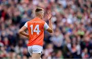 29 June 2019; Rian O'Neill of Armagh celebrates after scoring his side's first goal during the GAA Football All-Ireland Senior Championship Round 3 match between Mayo and Armagh at Elverys MacHale Park in Castlebar, Mayo. Photo by Ben McShane/Sportsfile