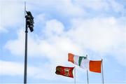 29 June 2019; The flags of Mayo and Armagh are seen with the Irish tri-colour prior to the GAA Football All-Ireland Senior Championship Round 3 match between Mayo and Armagh at Elverys MacHale Park in Castlebar, Mayo. Photo by Ben McShane/Sportsfile