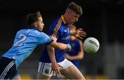 2 June 2019; Jordan Shiels of Longford is tackled by Darren Maher of Dublin during the EirGrid Leinster GAA Football Under 20 Championship Quarter-Final match between Longford and Dublin at Glennon Brothers Pearse Park in Longford. Photo by Eóin Noonan/Sportsfile