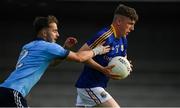 2 June 2019; Jordan Shiels of Longford is tackled by Darren Maher of Dublin during the EirGrid Leinster GAA Football Under 20 Championship Quarter-Final match between Longford and Dublin at Glennon Brothers Pearse Park in Longford. Photo by Eóin Noonan/Sportsfile