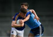 2 June 2019; Jordan Shiels of Longford is tackled by Darren Maher of Dublin during the EirGrid Leinster GAA Football Under 20 Championship Quarter-Final match between Longford and Dublin at Glennon Brothers Pearse Park in Longford.