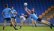 2 June 2019; Aiadn McGuire of Longford has a shot blocked by Eoin O'Dea of Dublin during the EirGrid Leinster GAA Football Under 20 Championship Quarter-Final match between Longford and Dublin at Glennon Brothers Pearse Park in Longford. Photo by Eóin Noonan/Sportsfile
