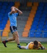2 June 2019; Karl Lynch of Dublin reacts after missing a goal chance during the EirGrid Leinster GAA Football Under 20 Championship Quarter-Final match between Longford and Dublin at Glennon Brothers Pearse Park in Longford. Photo by Eóin Noonan/Sportsfile