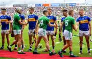 30 June 2019; Players from both teams shane hands prior to the Munster GAA Hurling Senior Championship Final match between Limerick and Tipperary at LIT Gaelic Grounds in Limerick. Photo by Brendan Moran/Sportsfile
