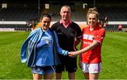 21 April 2019; Referee Niall McCormack with injured Dublin player Sinéad Goldrick and Máire O’Callaghan of Cork ahead of the pre-match coin toss before the Lidl NFL Division 1 semi-final match between Cork and Dublin at the Nowlan Park in Kilkenny. Photo by Piaras Ó Mídheach/Sportsfile